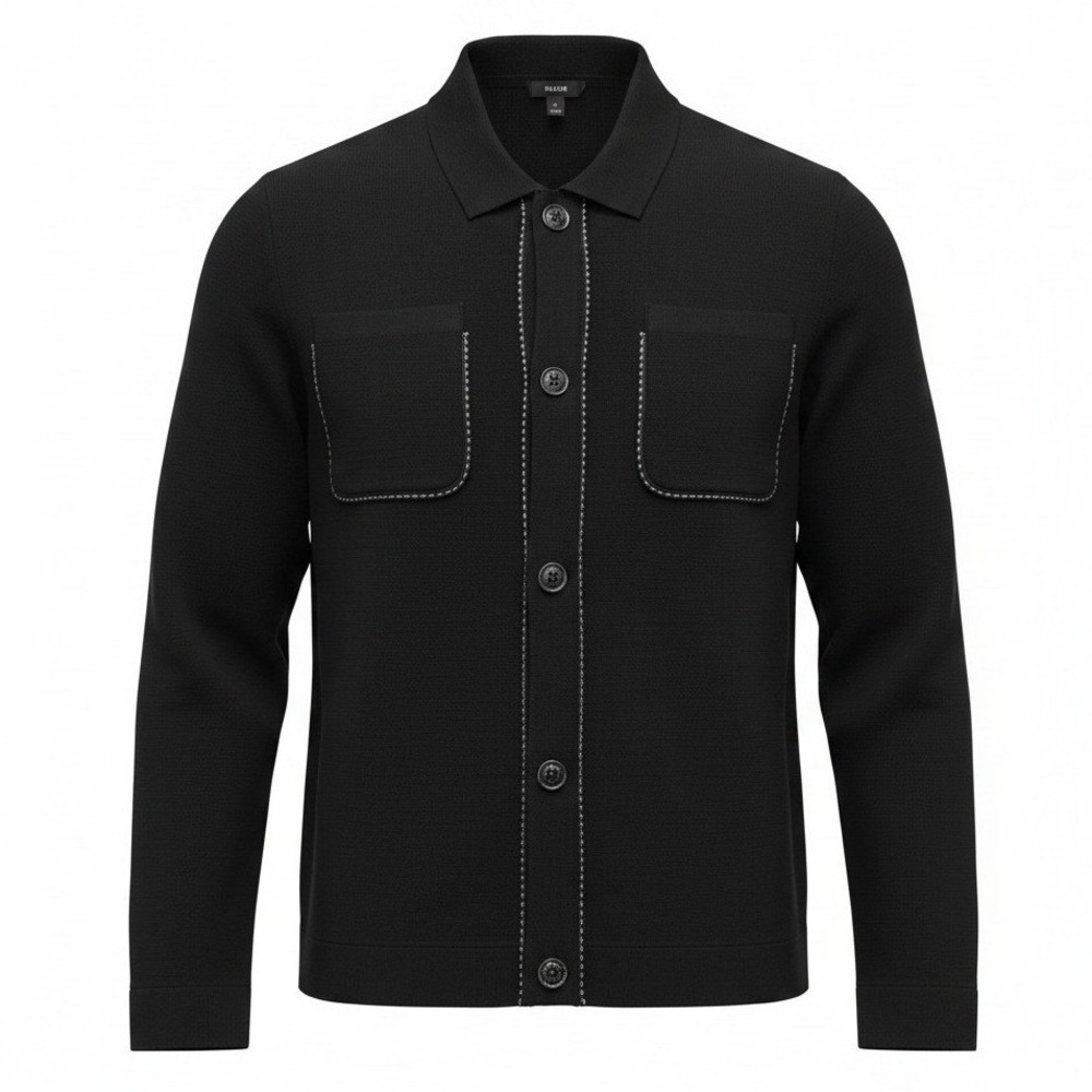 Reiss Knit Shirt Jacket Mens Large Black Ball Chain Trim Long Sleeve Button Up